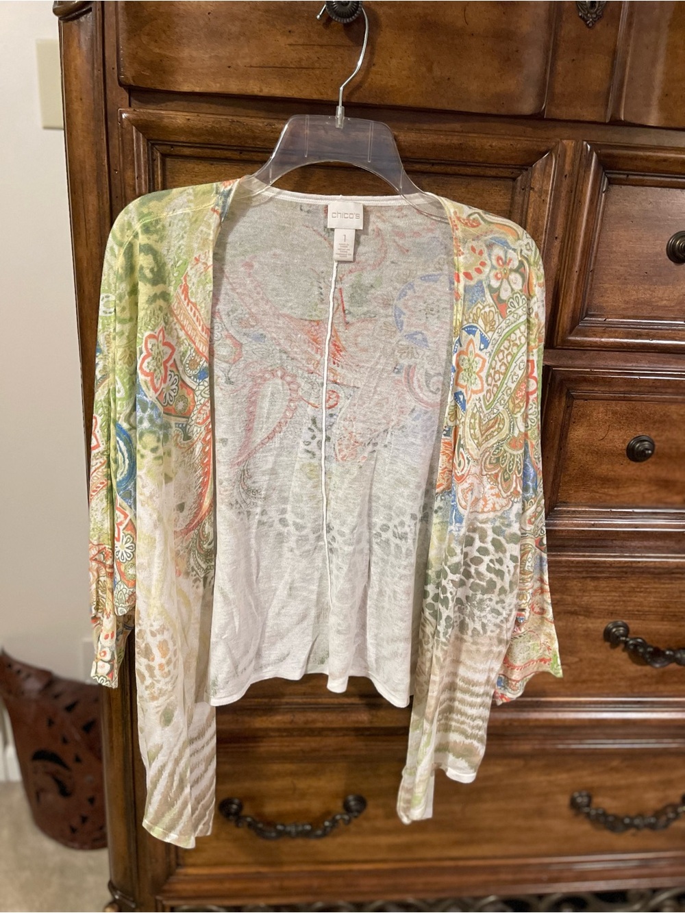 Chico's Lightweight Open-Front Cardigan in Green, Cream & Coral Paisley
